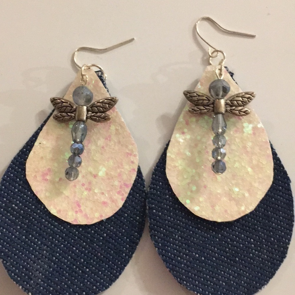 Denim Teardrop Earrings with Dragonfly Charm (N)